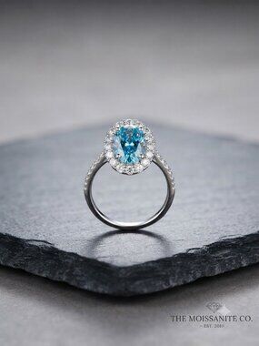 925 Sterling Silver Moissanite 3.8ctw Vivid Blue Oval Halo Ring Sz 6